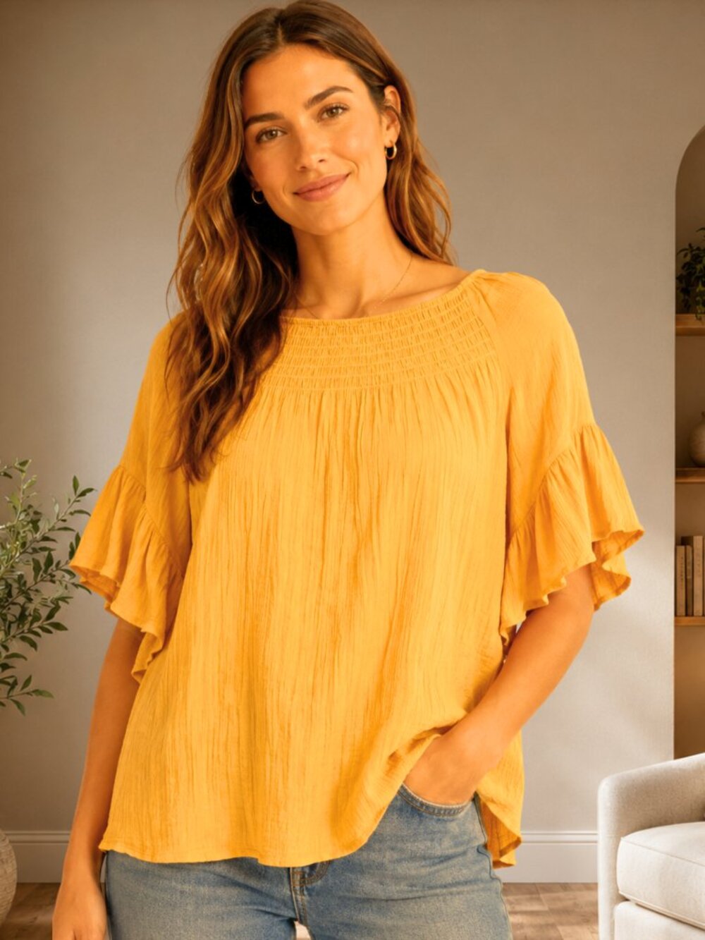 Cato Woman 18/20W Mustard Yellow Smocked Ruffle Sleeve Boho Peasant Blouse
